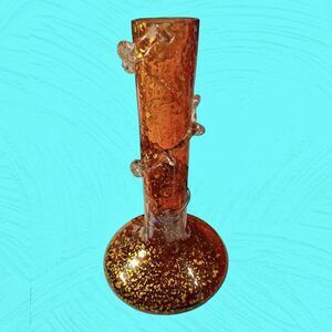 Art Glass Vase Orange Mica Flakes Applied Clear Rigaree Ribbon  Handblown 12"